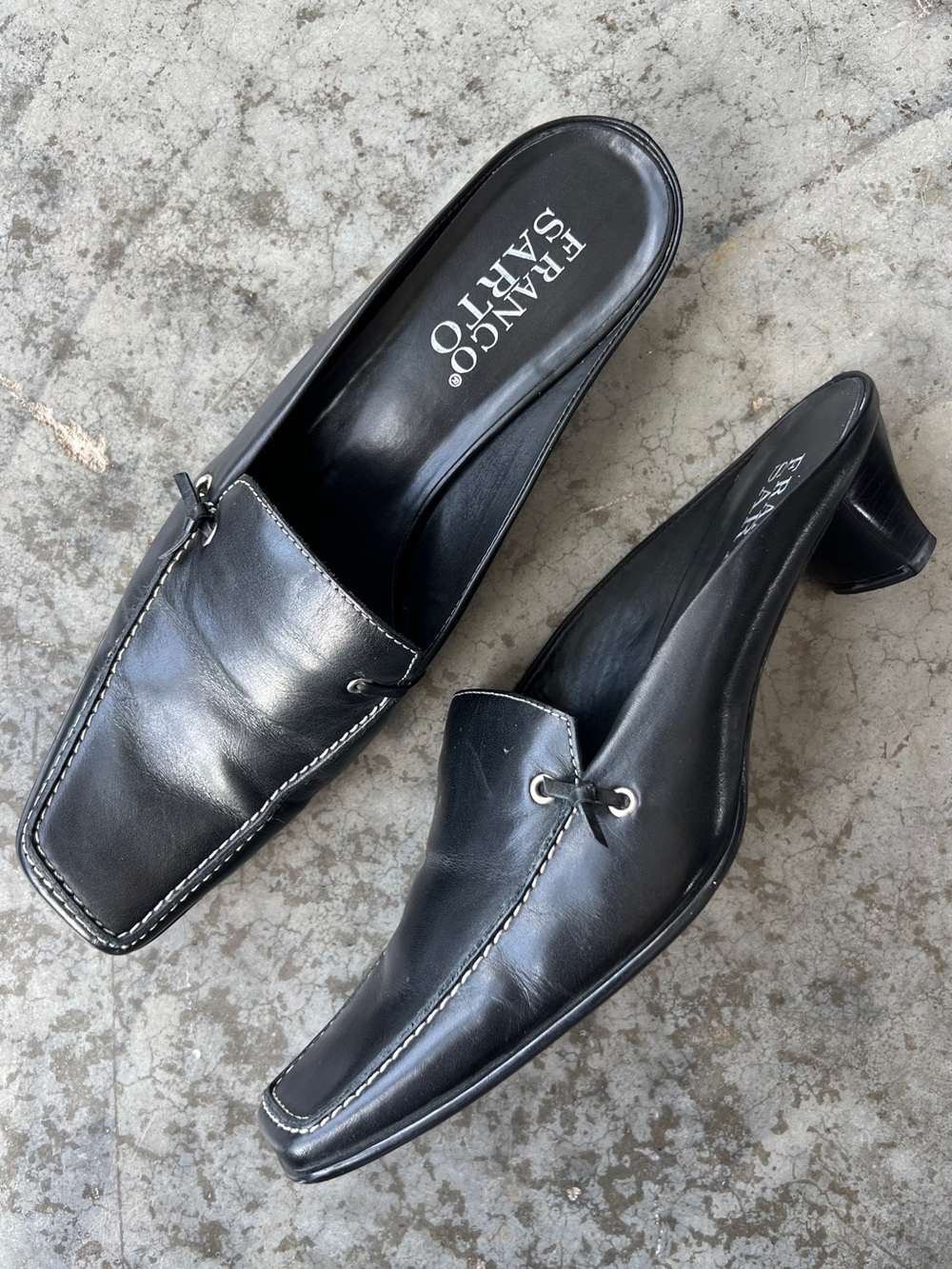 Franco Sarto Black Leather Square Toe Kitten Heel Mules Y2K Shoes Women's 9.5 M